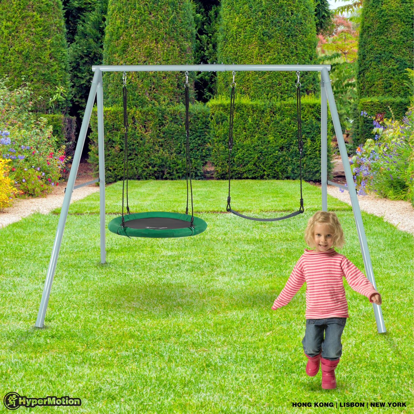 HyperMotion Garden Swing Set with Nest & Classic Seat - Sturdy A-Frame Design, 200kg Load Capacity - Weather-Resistant Steel Frame & Adjustable Ropes - Safe Outdoor Play Equipment for Kids & Parents