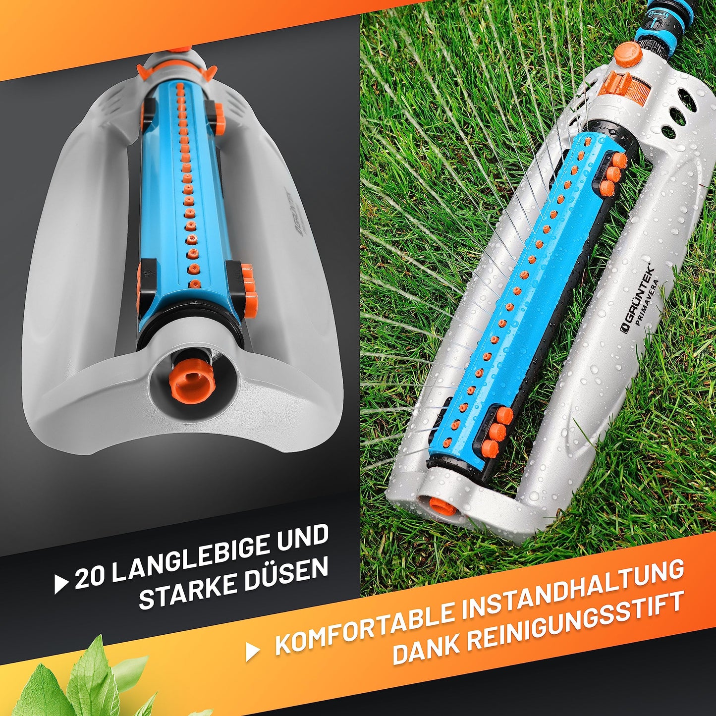 GRÜNTEK Oscillating Sprinkler up to 462 m2 with TURBO Motor. Rectangular lawn bar sprinkler for larges surfaces.