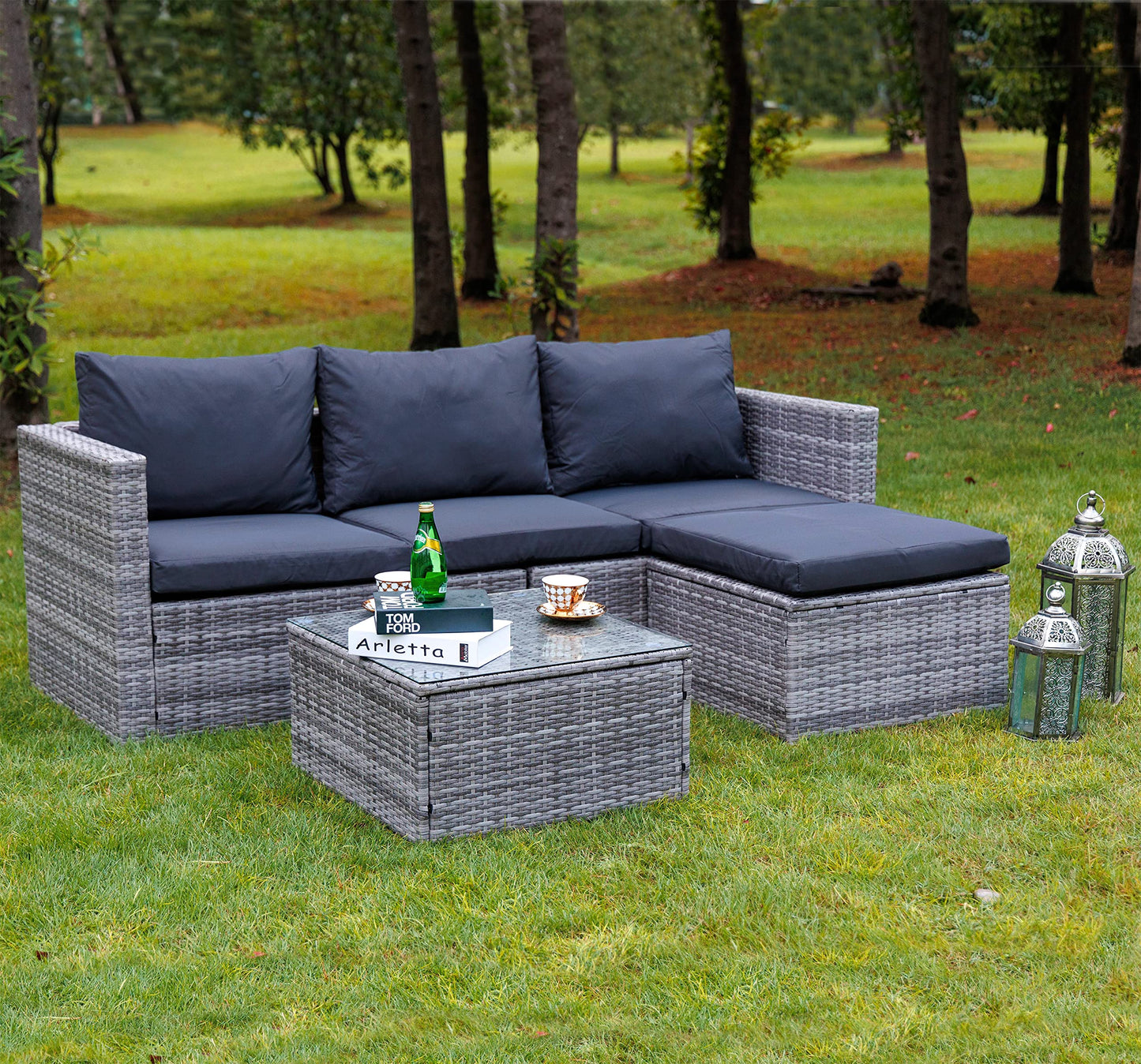 GOODS EMPORIUM Rattan Garden Corner Sofa with Coffee Table Patio Furniture- 3 to 4 Seater Rattan Corner Sofa Garden Furniture Sets - FREE RAIN COVER INCLUDED (‎Grey Mixed With Dark Grey Cushions)