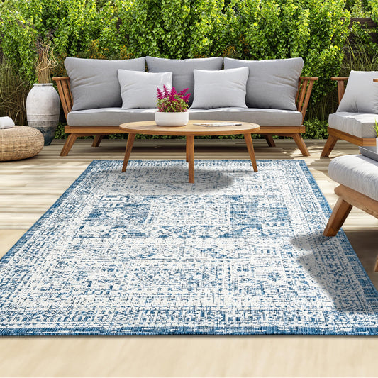 homeart Outdoor Rug - Easy-Clean, Durable, Stain-Resistant, Weather & UV Resistant Indoor & Outdoor Rugs for Porch, Deck, Balcony, Garden, Picnic and Patio | Vintage Blue, Cream - 80x150cm