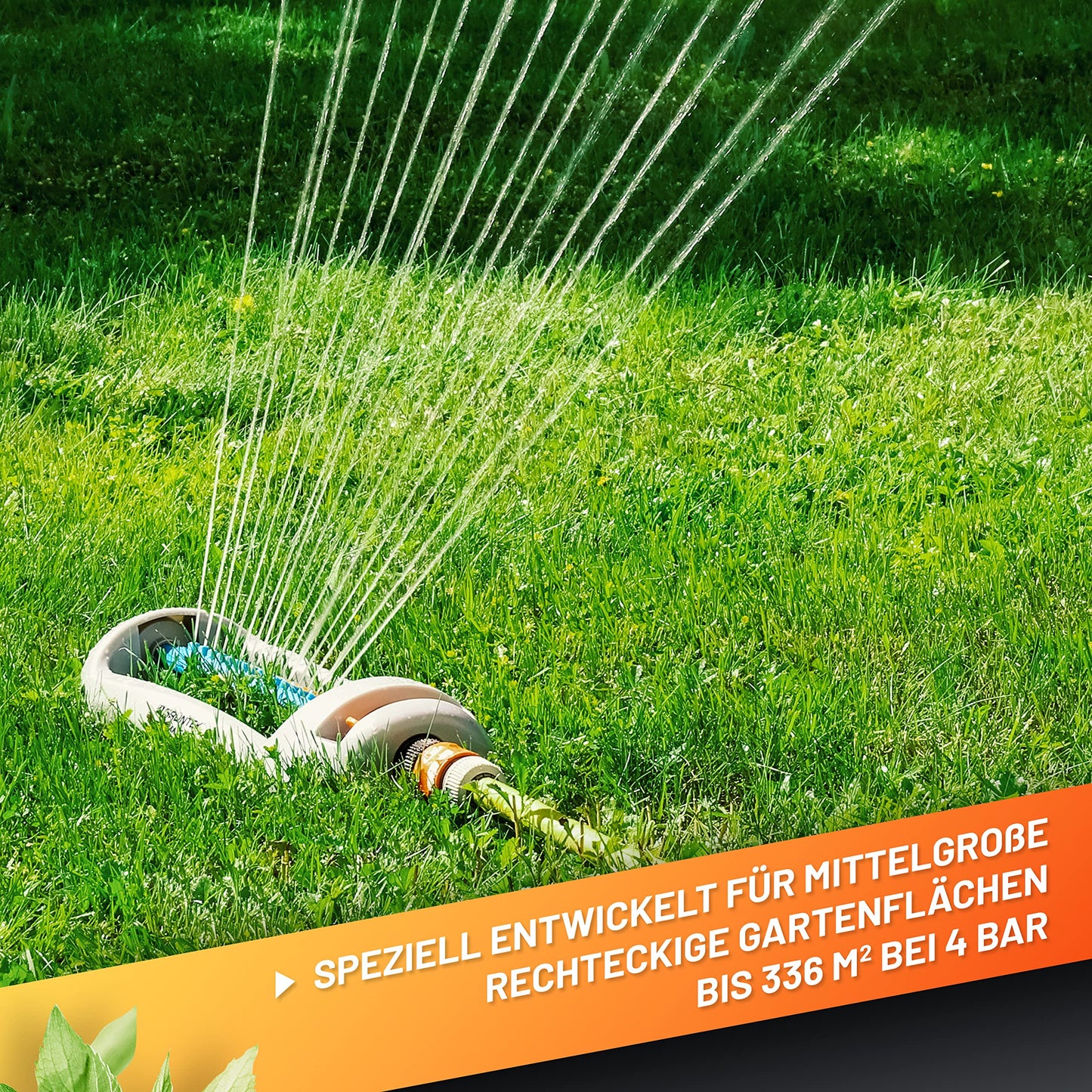 GRÜNTEK Primavera Oscillating Sprinkler – Up to 336 m² | 16 Nozzles for Even Irrigation | Adjustable Spray Width (21 m x 15 m) | Universal EU & US Connector