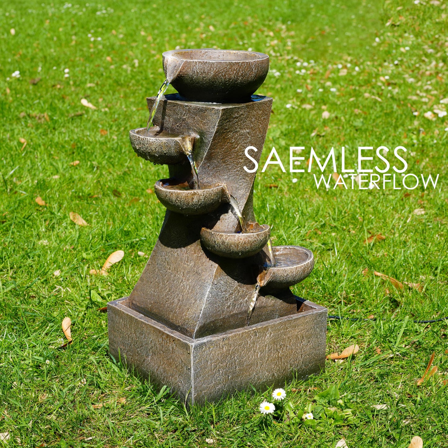 GEEZY Garden Water Feature – Cascading Fountain with LED Lights – Mains Powered, Self-Contained, Indoor & Outdoor – Easy Setup, Relaxing & Tranquil – Great for Garden, Home, Patio & Balcony Decor