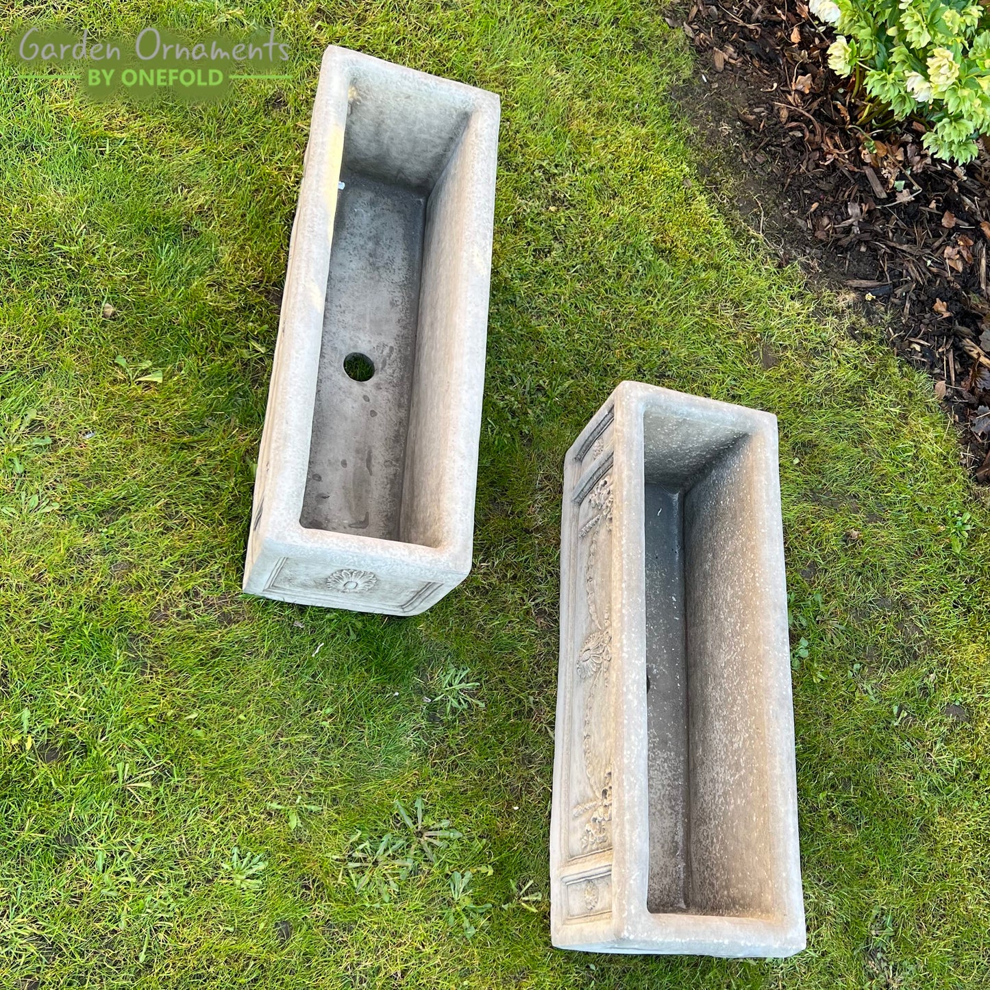 SET OF 2 LARGE DECORATIVE STONE TROUGH OUTDOOR GARDEN PLANTER PLANT POTS WITH DRAINAGE HOLE