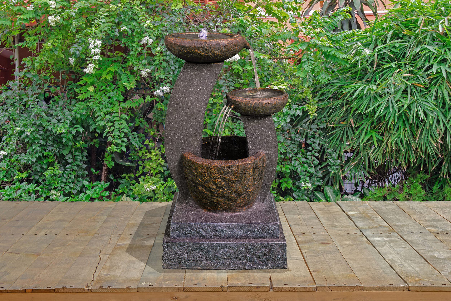 MDA Designs Shinto Outdoor 3-Tier Water Feature - Cascading Bowls with LED Lights Tranquil Waterfall Effect Garden Fountain