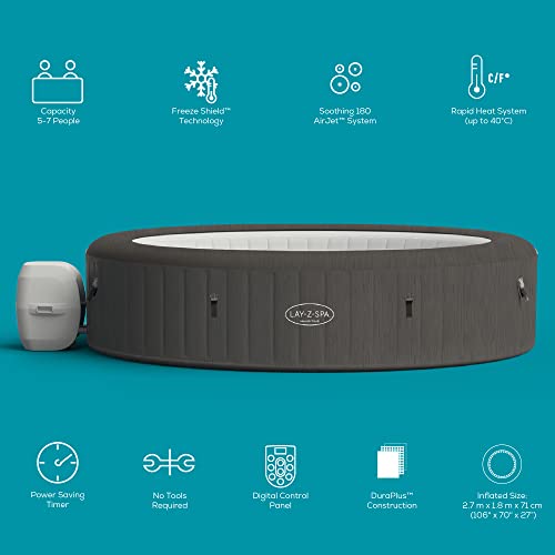 Lay-Z-Spa BW60067GB Mauritius 180 AirJet Massage System, Inflatable Hot Tub with Freeze Shield Technology, 5-7 Person, Grey
