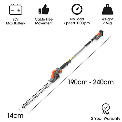 Terratek 20V Long Reach Cordless Electric Hedge Trimmer 2.4m Telescopi