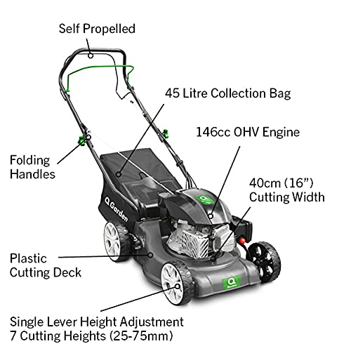 Q Garden QG40-145SP Self Propelled 4 Wheel Petrol Lawnmower with 7 Cutting Heights, Small To Medium Lawns, 40cm Cutting Width and 45L Collection Bag - 1 Year Guarantee