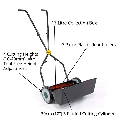 Webb WEH30 Hand Push Cylinder Lawnmower – 30cm Cut, 4 Heights, 17L Box
