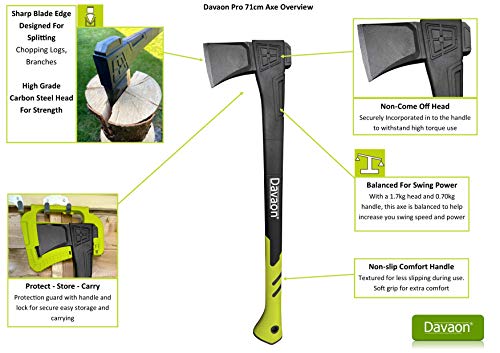 Davaon Pro 71cm Log Splitting Axe - Up To 30cm Logs - High Carbon Steel Blade - Balanced For Swing Power - 1.7kg Non Come Off Head - Strong Fibreglass Handle - Storage Case - Firewood Garden Camping