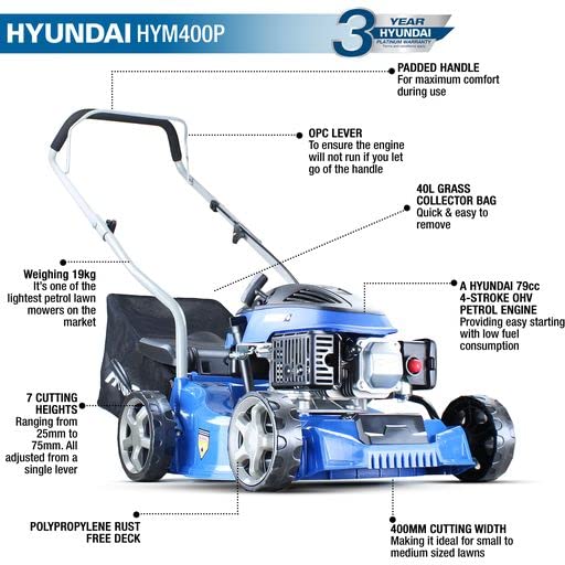 Hyundai Lightweight 40cm 79cc 4 Stroke Push Rotary Petrol Lawnmower, 6 Cutting Central Height Adjustment Lawn Mower, Rust Proof Deck, 3 Year Warranty