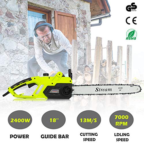 2400W Electric Chainsaw, Powerful Electric Chain Saw with 45CM Guide Bar 13m/s Cutting Speed, Automatic Oiling, Lightweight Design, Tool-Free Chain Tensioning, 12M Cable