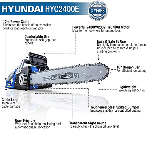 Hyundai 16" Electric Chainsaw, 2400w, 12m Power Cable Chain Saw with 3 Years Warranty, Blue