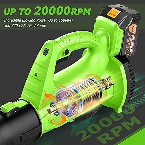 Leaf Blower - BHY 320 CFM 150 MPH Cordless Leaf Blower with 4.0Ah Battery & Charger , 2 Section Tubes, 6-Speed Dial, Electric Leaf Blower for Dust, Snow Debris,Yard, Work Around The House