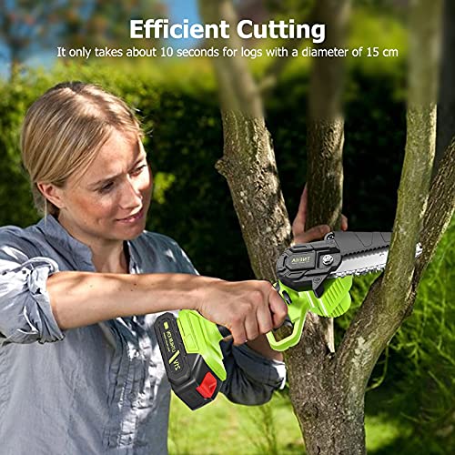 CQWLKEJ Mini Chainsaw Cordless Electric Chain Saw, 4-Inch Rechargeable Battery Chainsaw with Safety Lock and LED Light, for Cutting Woodwood Trees Gardening Pruning (2 Batteries,2 Chains）