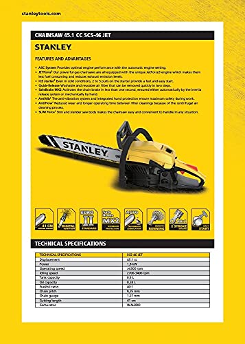 STANLEY SCS-52 Jet 52cc 18' Petrol Chainsaw, Yellow
