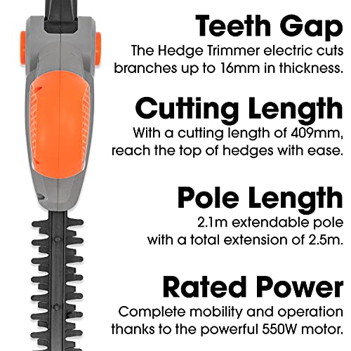 Terratek 2.75m 550W Electric Long Reach Corded Pole Hedge Trimmer Tele