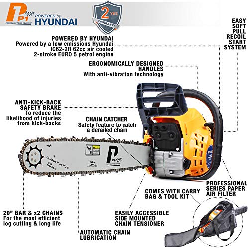 P1PE 62cc Petrol Chainsaw, 2 Year Year Warranty, 20-Inch Cutting Bar, 2 Chains, Carry Bag, Chain File & Fuel Mixing Bottle, Chainsaw Petrol, 2 Stoke Chainsaw, Multi-Tool Kit, Wood Saw, Tree Saw