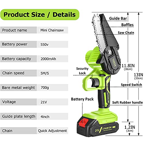CQWLKEJ Mini Chainsaw Cordless Electric Chain Saw, 4-Inch Rechargeable Battery Chainsaw with Safety Lock and LED Light, for Cutting Woodwood Trees Gardening Pruning (2 Batteries,2 Chains）