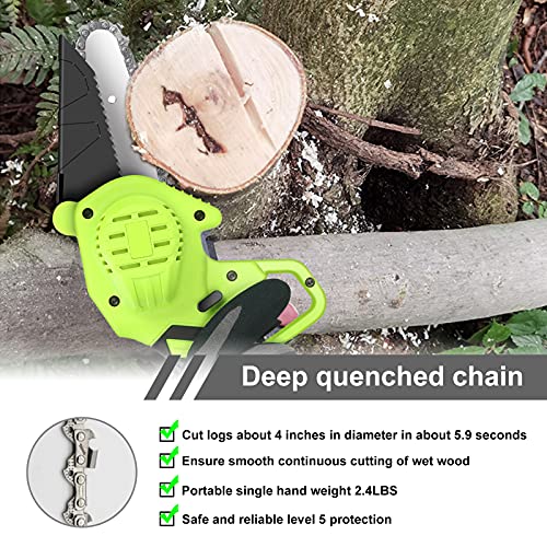 CQWLKEJ Mini Chainsaw Cordless Electric Chain Saw, 4-Inch Rechargeable Battery Chainsaw with Safety Lock and LED Light, for Cutting Woodwood Trees Gardening Pruning (2 Batteries,2 Chains）