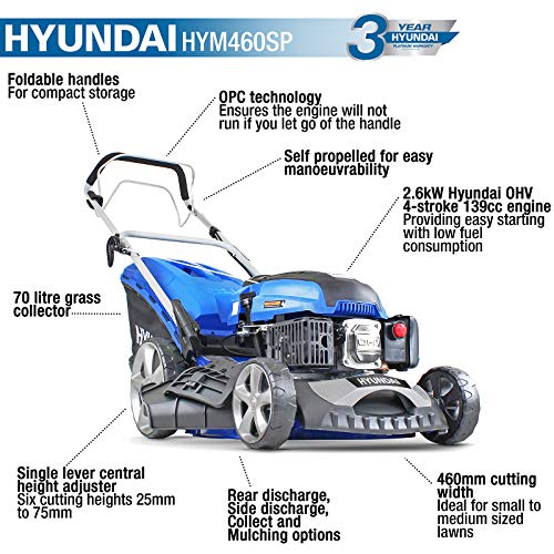 Hyundai 46cm Self-Propelled Petrol Lawnmower, 460mm / 18'' Cutting Width, 3.5HP 4-Stroke Petrol Engine, Foldable Handles, Mulching Lawnmower, 3 Year Warranty, Blue