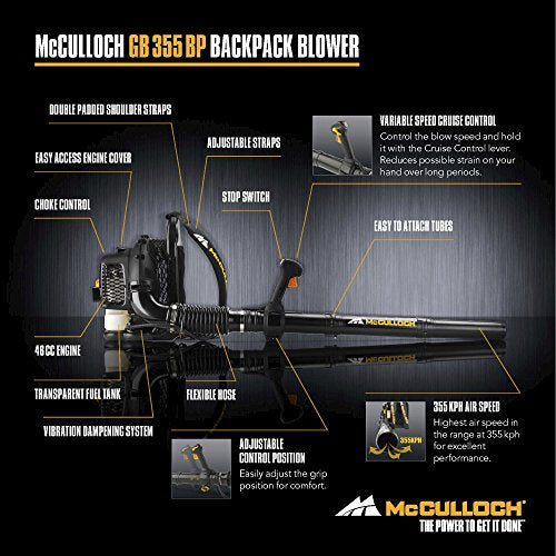McCulloch GB 355 BP Backpack Leaf Blower: 1500 W Engine Power, 46cc, 355 Km/h Blow Speed, Variable Speed, Full Anti-Vibration System, Cruise Control, with Backpack Included