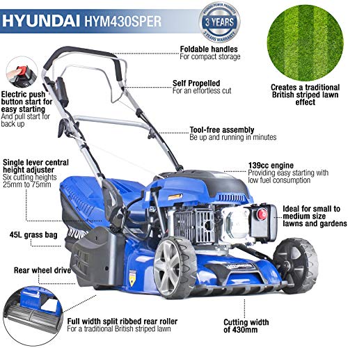 Hyundai Petrol Lawnmower, 139cc, 420mm Cordless Lawn Mower with large 45 Litre Grass & 3 Year Warranty