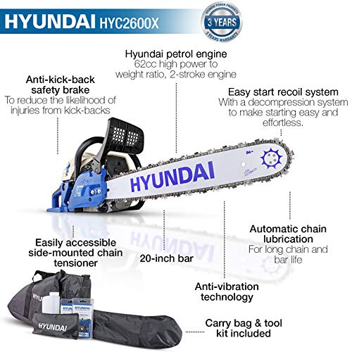 Hyundai Petrol Chainsaw, 62cc 20”, 2-Stroke, Wood Saw / Cordless Chainsaw, 20'' Cutting Bar with 3 Year Hyundai Warranty