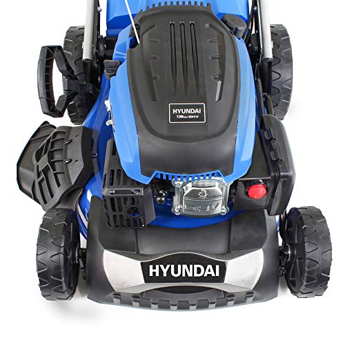 Hyundai 46cm Self-Propelled Petrol Lawnmower, 460mm / 18'' Cutting Width, 3.5HP 4-Stroke Petrol Engine, Foldable Handles, Mulching Lawnmower, 3 Year Warranty, Blue