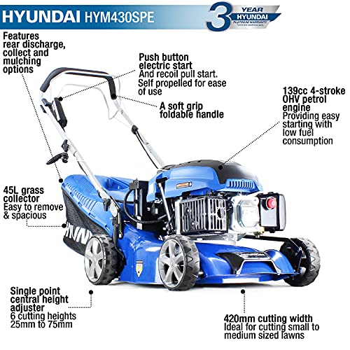 Hyundai Self Propelled Electric 17" 43 cm 430mm Petrol Lawn Mower Plus 600ml Free Engine Oil, 3 Year Warranty, Blue