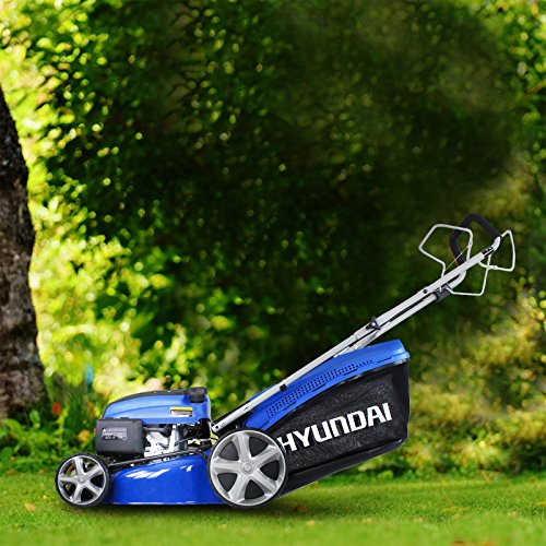 Hyundai 46cm Self-Propelled Petrol Lawnmower, 460mm / 18'' Cutting Width, 3.5HP 4-Stroke Petrol Engine, Foldable Handles, Mulching Lawnmower, 3 Year Warranty, Blue