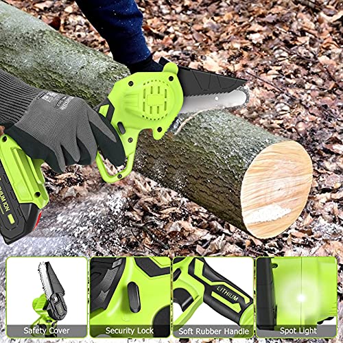 CQWLKEJ Mini Chainsaw Cordless Electric Chain Saw, 4-Inch Rechargeable Battery Chainsaw with Safety Lock and LED Light, for Cutting Woodwood Trees Gardening Pruning (2 Batteries,2 Chains）