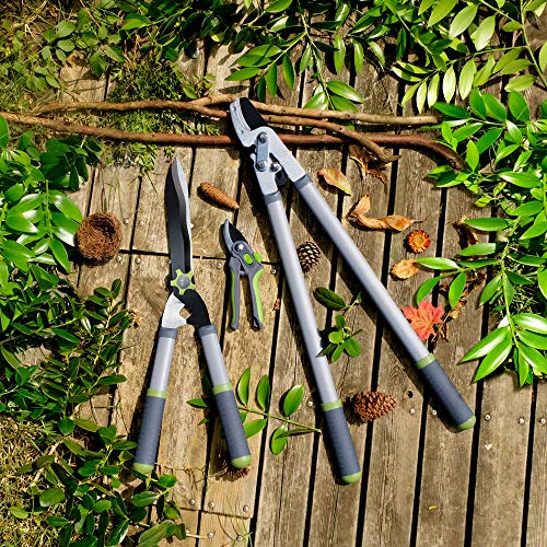 Hortem 3PCS Garden Shears Set with 28" Tree Loppers Heavy Duty, 23" Professional Hedge Clippers, 8" Sharp Pruning Shears as Tree & Shrub Care Kit