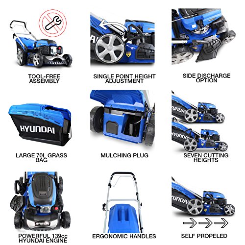 Hyundai 46cm Self-Propelled Petrol Lawnmower, 460mm / 18'' Cutting Width, 3.5HP 4-Stroke Petrol Engine, Foldable Handles, Mulching Lawnmower, 3 Year Warranty, Blue